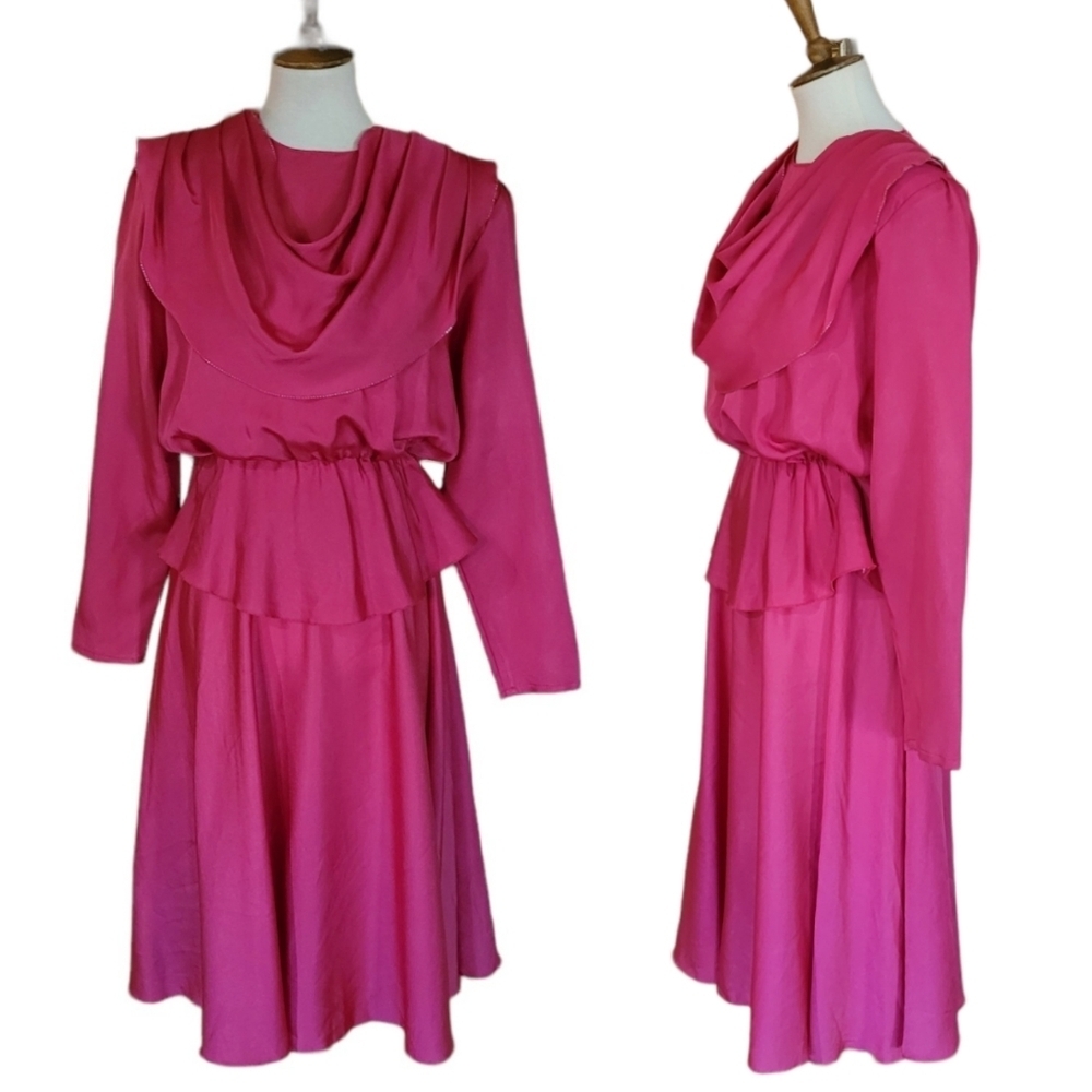 Vintage Magenta Cowl Neck Peplum‎ Midi Dress